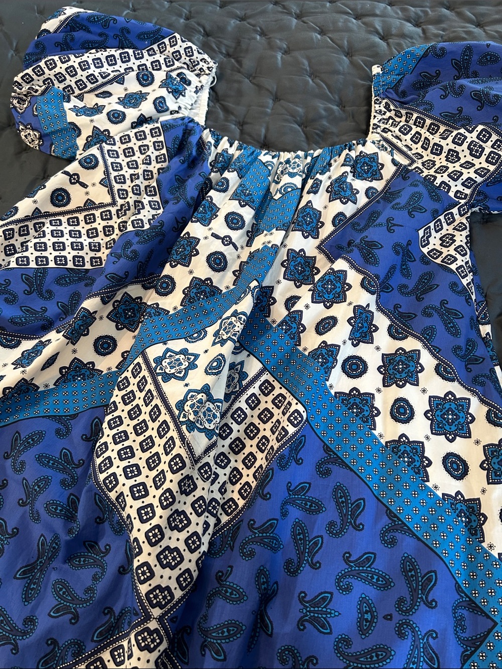 Sugarlips Blue and White Patchwork Puff Sleeve Mini Dress - Picture 4 of 5